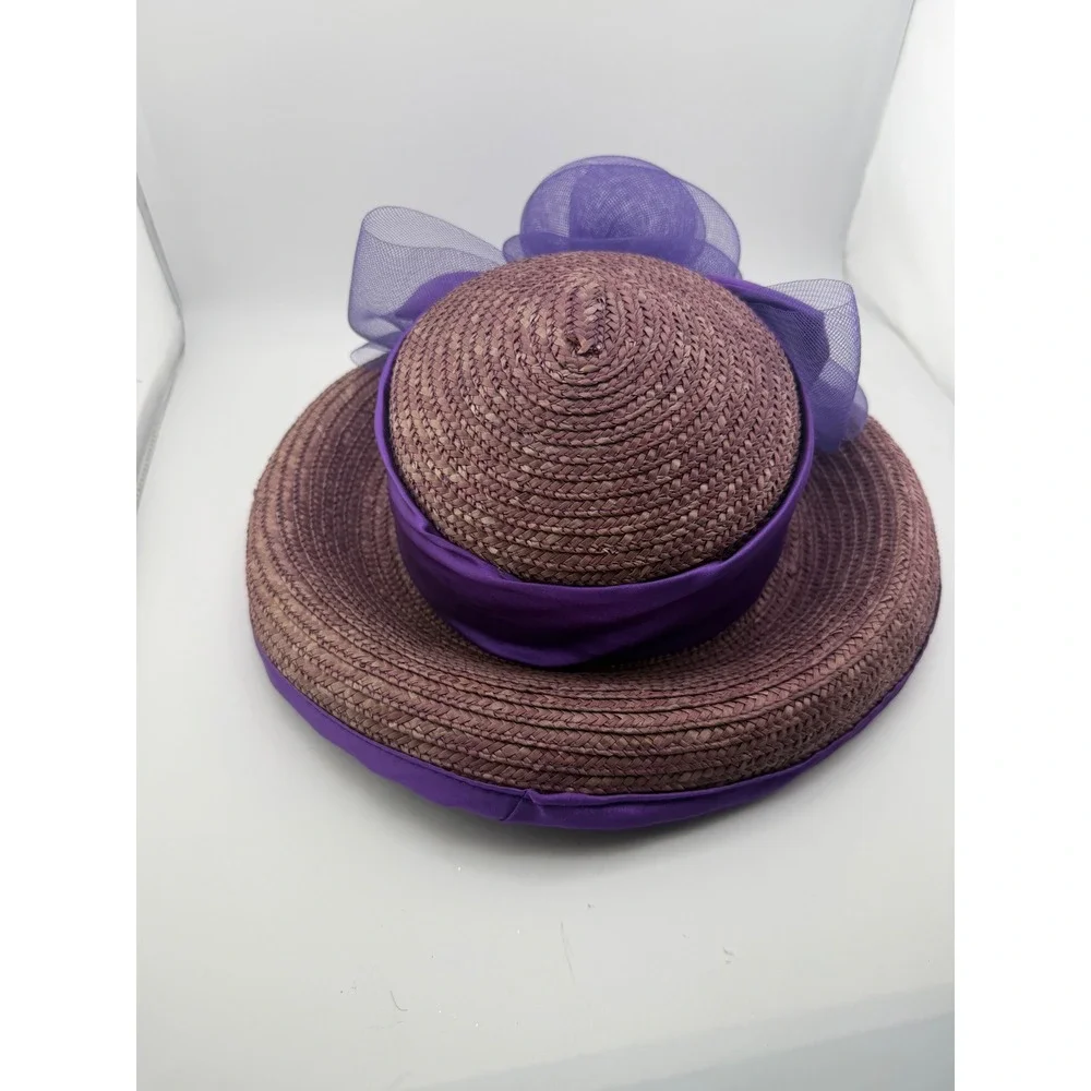 Vintage Purple Straw Cloche Hat Satin Bow Tulle Flower‎ Tea Party Church Wedding